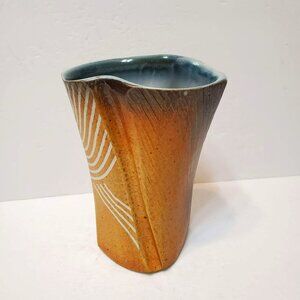 Retro Handcrafted Stoneware Vase With Abstract Design, 7.5", Signed Dated 1983